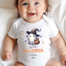 Load image into Gallery viewer, Personalised First Halloween Baby Vest My first Halloween Babygrow Pumpkin Baby&#39;s First Halloween Trick or Treat 1st Halloween Personalised Romper
