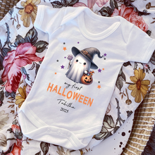 Load image into Gallery viewer, Personalised First Halloween Baby Vest My first Halloween Babygrow Pumpkin Baby&#39;s First Halloween Trick or Treat 1st Halloween Personalised Romper

