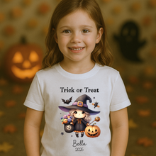Load image into Gallery viewer, Personalised Halloween T-Shirt, Pumpkin Patch Tee, Custom Trick or Treat Tee, Spooky Tee, Too Cute to Spook, Boo Bag Gift, Girls Halloween Tee

