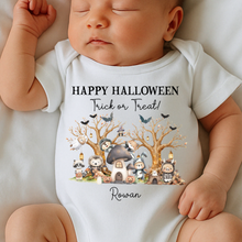 Load image into Gallery viewer, Personalised First Halloween Baby Vest My first Halloween Babygrow Pumpkin Baby&#39;s First Halloween Trick or Treat 1st Halloween Personalised Romper
