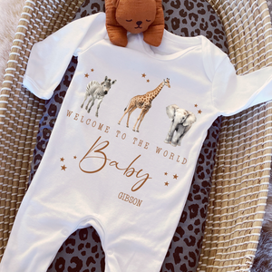 Welcome to the World Personalised Baby Sleepsuit/Babygrow with Safari Design Personalised Welcome to the World Baby Grow, Unisex Romper, Born in 2025 Sleepsuit, Safari baby Vest, Going home outfit, New baby Keepsake
