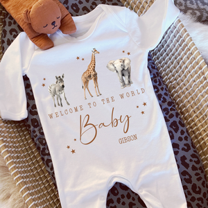 Welcome to the World Personalised Baby Sleepsuit/Babygrow with Safari Design Personalised Welcome to the World Baby Grow, Unisex Romper, Born in 2025 Sleepsuit, Safari baby Vest, Going home outfit, New baby Keepsake