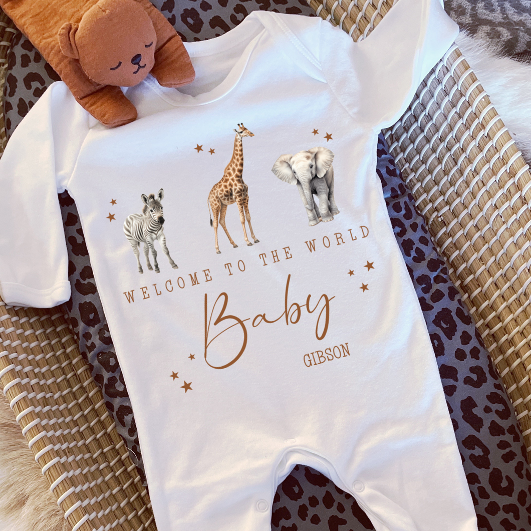 Welcome to the World Personalised Baby Sleepsuit/Babygrow with Safari Design Personalised Welcome to the World Baby Grow, Unisex Romper, Born in 2025 Sleepsuit, Safari baby Vest, Going home outfit, New baby Keepsake