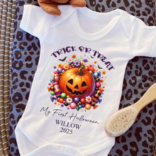 Load image into Gallery viewer, Personalised First Halloween Baby Vest My first Halloween Babygrow Pumpkin Baby&#39;s First Halloween Trick or Treat 1st Halloween Personalised Romper
