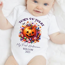 Load image into Gallery viewer, Personalised First Halloween Baby Vest My first Halloween Babygrow Pumpkin Baby&#39;s First Halloween Trick or Treat 1st Halloween Personalised Romper
