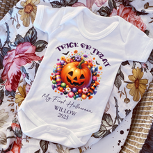 Load image into Gallery viewer, Personalised First Halloween Baby Vest My first Halloween Babygrow Pumpkin Baby&#39;s First Halloween Trick or Treat 1st Halloween Personalised Romper
