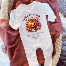 Load image into Gallery viewer, Personalised First Halloween Baby Vest My first Halloween Babygrow Pumpkin Baby&#39;s First Halloween Trick or Treat 1st Halloween Personalised Romper
