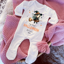 Load image into Gallery viewer, Personalised First Halloween Baby Vest My first Halloween Babygrow Pumpkin Baby&#39;s First Halloween Trick or Treat 1st Halloween Personalised Romper
