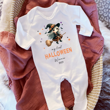 Load image into Gallery viewer, Personalised First Halloween Baby Vest My first Halloween Babygrow Pumpkin Baby&#39;s First Halloween Trick or Treat 1st Halloween Personalised Romper
