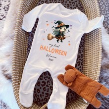 Load image into Gallery viewer, Personalised First Halloween Baby Vest My first Halloween Babygrow Pumpkin Baby&#39;s First Halloween Trick or Treat 1st Halloween Personalised Romper
