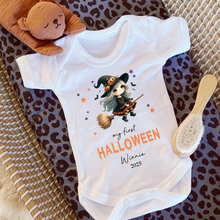 Load image into Gallery viewer, Personalised First Halloween Baby Vest My first Halloween Babygrow Pumpkin Baby&#39;s First Halloween Trick or Treat 1st Halloween Personalised Romper
