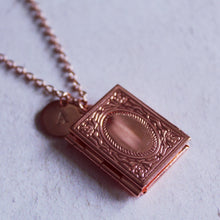 Load image into Gallery viewer, Rose gold locket necklace, picture necklace, photo keepsake necklace, book custom locket, personalised locket, Fairytale lovers, Book Lover
