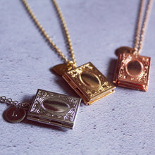 Load image into Gallery viewer, Rose gold locket necklace, picture necklace, photo keepsake necklace, book custom locket, personalised locket, Fairytale lovers, Book Lover
