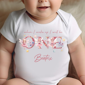 Fairy ONE Birthday sleepsuit, Baby Girl Birthday vest, When I wake up I’ll be One, Magical One, pastel Fairies, rainbow birthday outfit girl