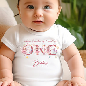 Fairy ONE Birthday sleepsuit, Baby Girl Birthday vest, When I wake up I’ll be One, Magical One, pastel Fairies, rainbow birthday outfit girl