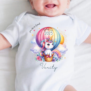 Personalised Born in 2025 Baby Vest, Rainbow Unicorn Baby Sleepsuit, Personalised Baby Outfit, New Baby Gift, Baby Arrival Announcement Vest