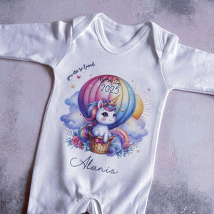 Personalised Born in 2025 Baby Vest, Rainbow Unicorn Baby Sleepsuit, Personalised Baby Outfit, New Baby Gift, Baby Arrival Announcement Vest