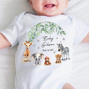 Born in 2025 Baby Grow, Personalised Sleepsuit, Born in 2025 gift, Personalised baby vest, Safari baby gift, Going home outfit Baby keepsake