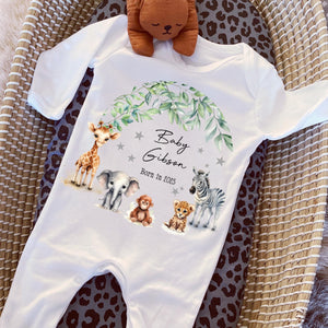 Born in 2025 Baby Grow, Personalised Sleepsuit, Born in 2025 gift, Personalised baby vest, Safari baby gift, Going home outfit Baby keepsake