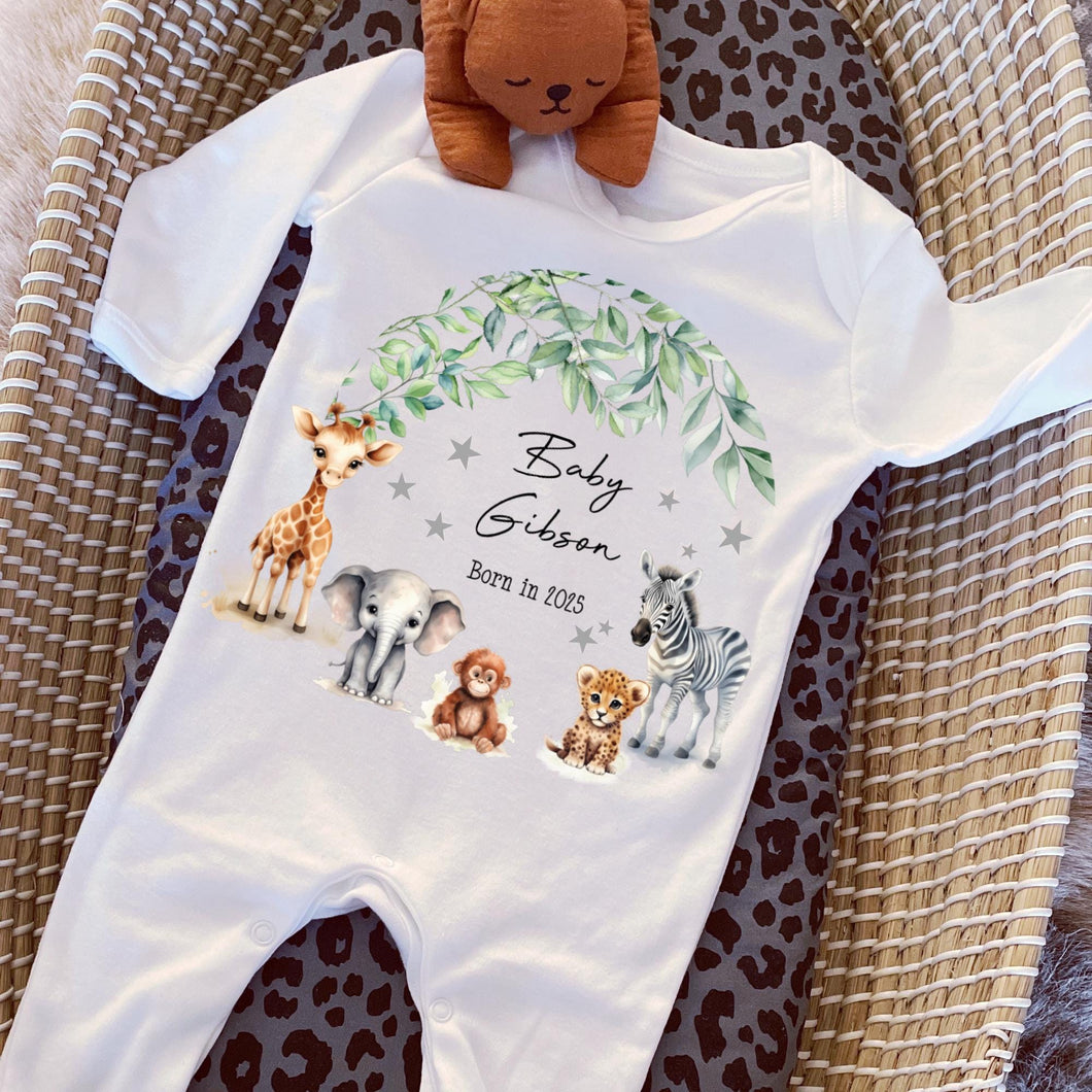 Born in 2025 Baby Grow, Personalised Sleepsuit, Born in 2025 gift, Personalised baby vest, Safari baby gift, Going home outfit Baby keepsake