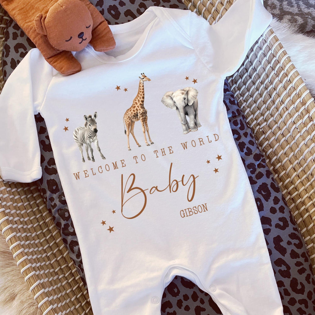 Personalised Welcome to the World Baby Grow, Unisex Romper, Born in 2025 Sleepsuit, Safari baby Vest, Going home outfit, New baby Keepsake