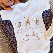 Load image into Gallery viewer, Personalised Welcome to the World Baby Grow, Unisex Romper, Born in 2025 Sleepsuit, Safari baby Vest, Going home outfit, New baby Keepsake
