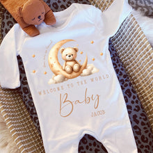 Load image into Gallery viewer, Personalised Welcome to the World Baby Grow, Unisex Romper, Born in 2025 Sleepsuit, Teddy Bear baby Vest, Going home outfit, Baby Keepsake
