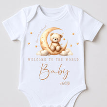 Load image into Gallery viewer, Personalised Welcome to the World Baby Grow, Unisex Romper, Born in 2025 Sleepsuit, Teddy Bear baby Vest, Going home outfit, Baby Keepsake
