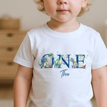 Load image into Gallery viewer, Kid&#39;s Birthday T-shirt, Birthday Keepsake T-shirt, kids Birthday Gift, 1st Birthday T-shirt, Dino t-shirt, Dinosaur first birthday toddler
