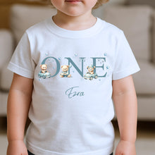Load image into Gallery viewer, Personalised first birthday toddler, Kid's Birthday T-shirt, Birthday Keepsake T-shirt, kids Birthday Gift, 1st Birthday T-shirt, Teddy Tee
