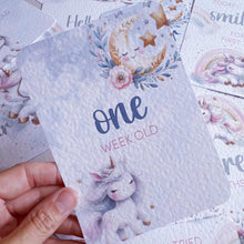 Load image into Gallery viewer, baby milestone cards, cute unicorns, pretty milestone cards, pregnancy cards her, baby shower gift, baby girl, new baby gift, unicorn cards
