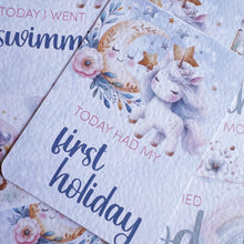 Load image into Gallery viewer, baby milestone cards, cute unicorns, pretty milestone cards, pregnancy cards her, baby shower gift, baby girl, new baby gift, unicorn cards

