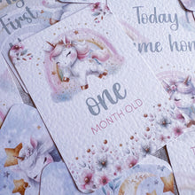 Load image into Gallery viewer, baby milestone cards, cute unicorns, pretty milestone cards, pregnancy cards her, baby shower gift, baby girl, new baby gift, unicorn cards
