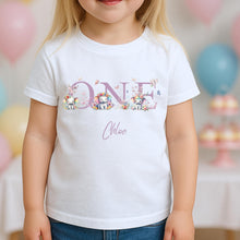 Load image into Gallery viewer, Personalised ONE Birthday T-Shirt, first Birthday Outfit for Kids, Custom Name Baby Top, 1st Birthday Shirt Toddler, Elephant Party Top Girl

