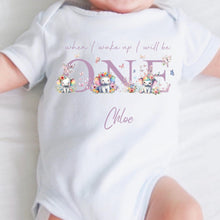 Load image into Gallery viewer, Personalised Elephant Birthday sleepsuit, Unisex Birthday vest, When I wake up I’ll be One, Wild One, Elephant Romper, Cute Elephant Onesie
