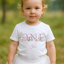 Load image into Gallery viewer, Personalised ONE Birthday T-Shirt, first Birthday Outfit for Kids, Custom Name Baby Top, 1st Birthday Shirt Toddler, Elephant Party Top Girl
