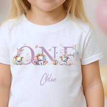 Load image into Gallery viewer, Personalised ONE Birthday T-Shirt, first Birthday Outfit for Kids, Custom Name Baby Top, 1st Birthday Shirt Toddler, Elephant Party Top Girl
