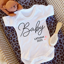 Load image into Gallery viewer, Personalised Baby Grow, Baby Vest Surname, New Baby Reveal, Pregnancy Announcement Outfit, Baby Coming Soon, Personalised Baby Gift, Newborn
