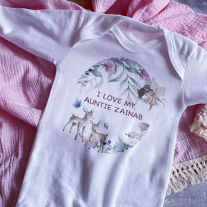 I love you Auntie babygrow / Sleepsuit Eucalyptus Fairy Garden