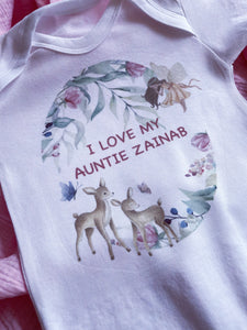 I love you Auntie babygrow / Sleepsuit Eucalyptus Fairy Garden