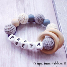 Load image into Gallery viewer, Personalised Crochet Teething Ring - Grey/Cream - Hopes, Dreams &amp; Jellybeans 
