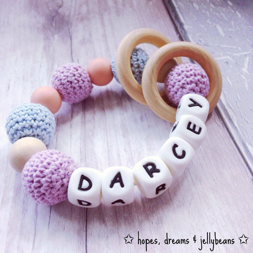 Personalised Crochet Teething Ring - Lilac/Blue - Hopes, Dreams & Jellybeans 