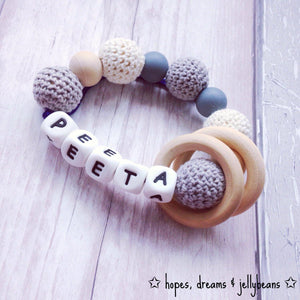 Personalised Crochet Teething Ring - Grey/Cream - Hopes, Dreams & Jellybeans 