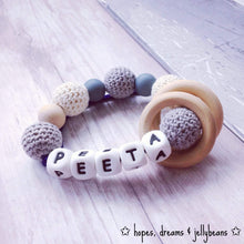 Load image into Gallery viewer, Personalised Crochet Teething Ring - Grey/Cream - Hopes, Dreams &amp; Jellybeans 
