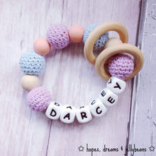 Load image into Gallery viewer, Personalised Crochet Teething Ring - Lilac/Blue - Hopes, Dreams &amp; Jellybeans 
