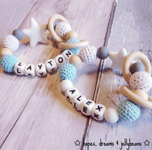 Load image into Gallery viewer, Personalised Crochet Teether - Blue/Cream - Hopes, Dreams &amp; Jellybeans 
