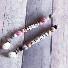 Load image into Gallery viewer, Personalised Crochet Dummy Clip - Grey - Hopes, Dreams &amp; Jellybeans 
