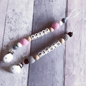 Personalised Crochet Dummy Clip - Grey - Hopes, Dreams & Jellybeans 
