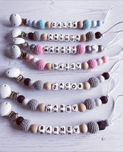Load image into Gallery viewer, Personalised Crochet Dummy Clip - Grey - Hopes, Dreams &amp; Jellybeans 

