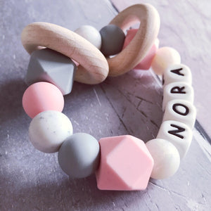 Personalised Silicone Teething Ring Pink and Pearl